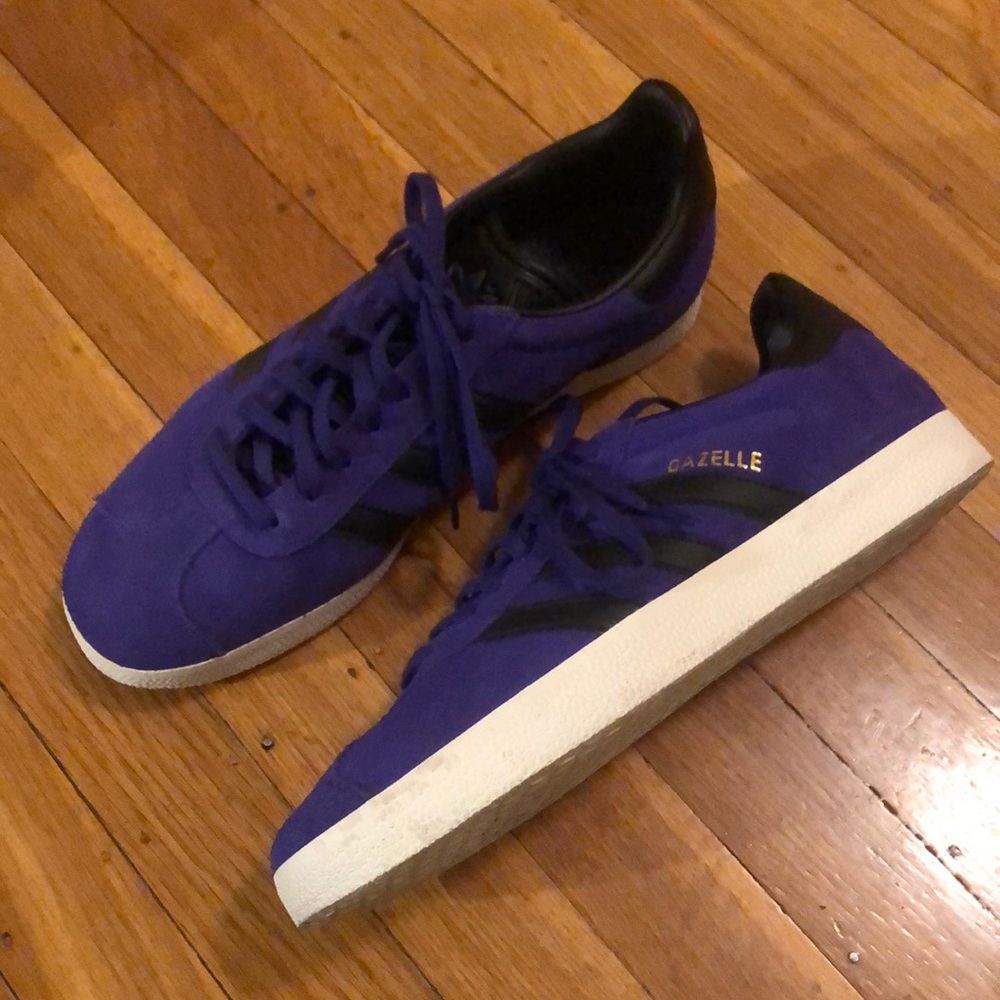 Purple suede Adidas Gazelle shoes w black stripe